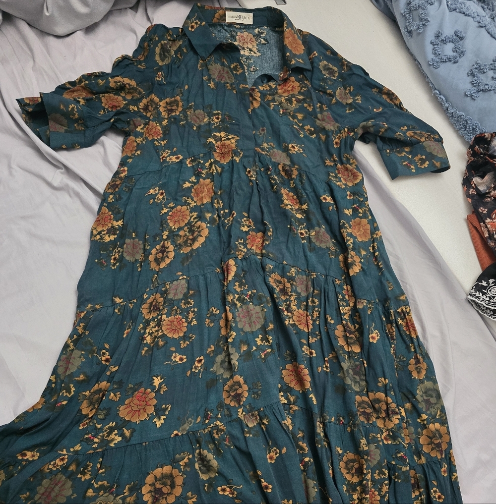 NATURAL LIFE Teal Floral Tiered/collared Rebecca Dress W Pockets New